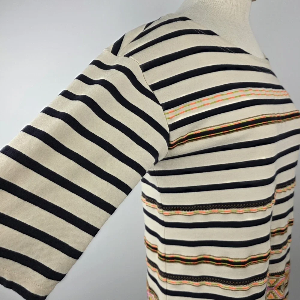 J CREW Women's Top SZ M Striped Aztec‎ Neon Embroidered Bateau Neck 3/4  *READ